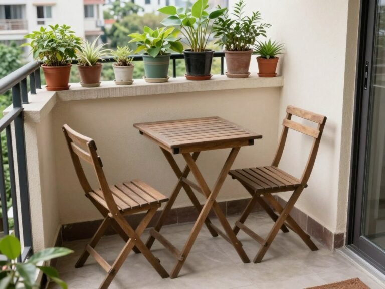 Foldable wooden bistro set on a small balcony with plants