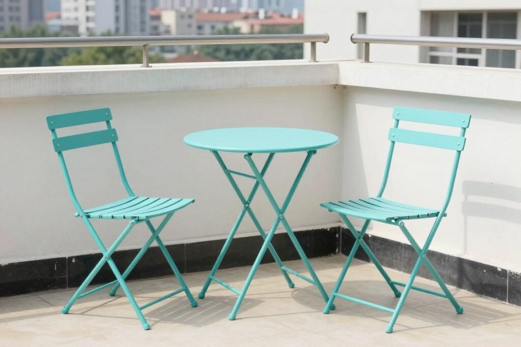 Folding metal bistro set in bright color on a small balcony