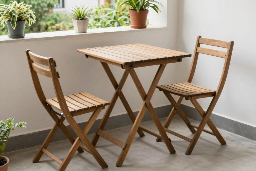 Folding wooden bistro set on small balcony Folding wooden bistro set on small balcony
