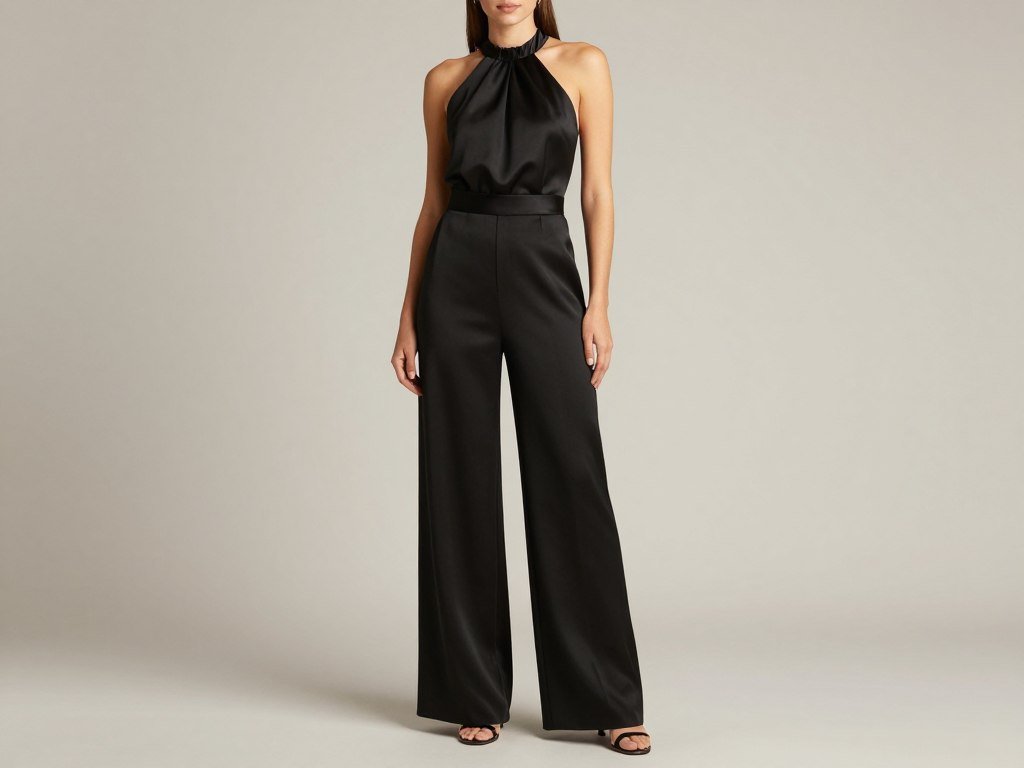 Formal black jumpsuit with wide legs and halter neckline for wedding guests