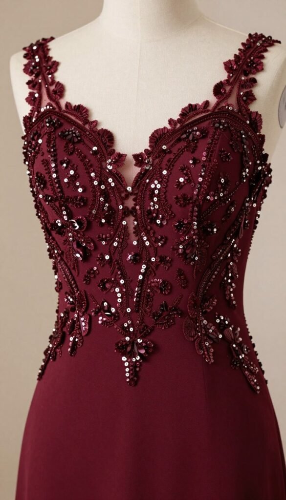 Formal wedding guest dress with sequin or beaded embellishments in a deep burgundy color