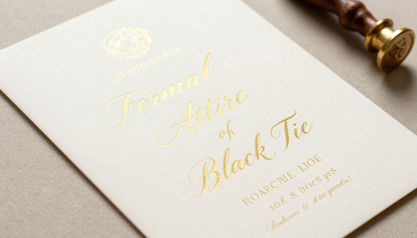 Formal wedding invitation with dress code specification highlighting formal wedding guest attire requirements