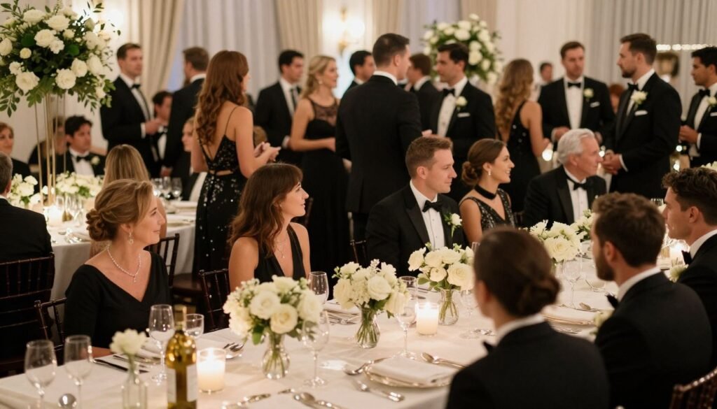 Formal wedding reception setting showing proper guest etiquette and attire