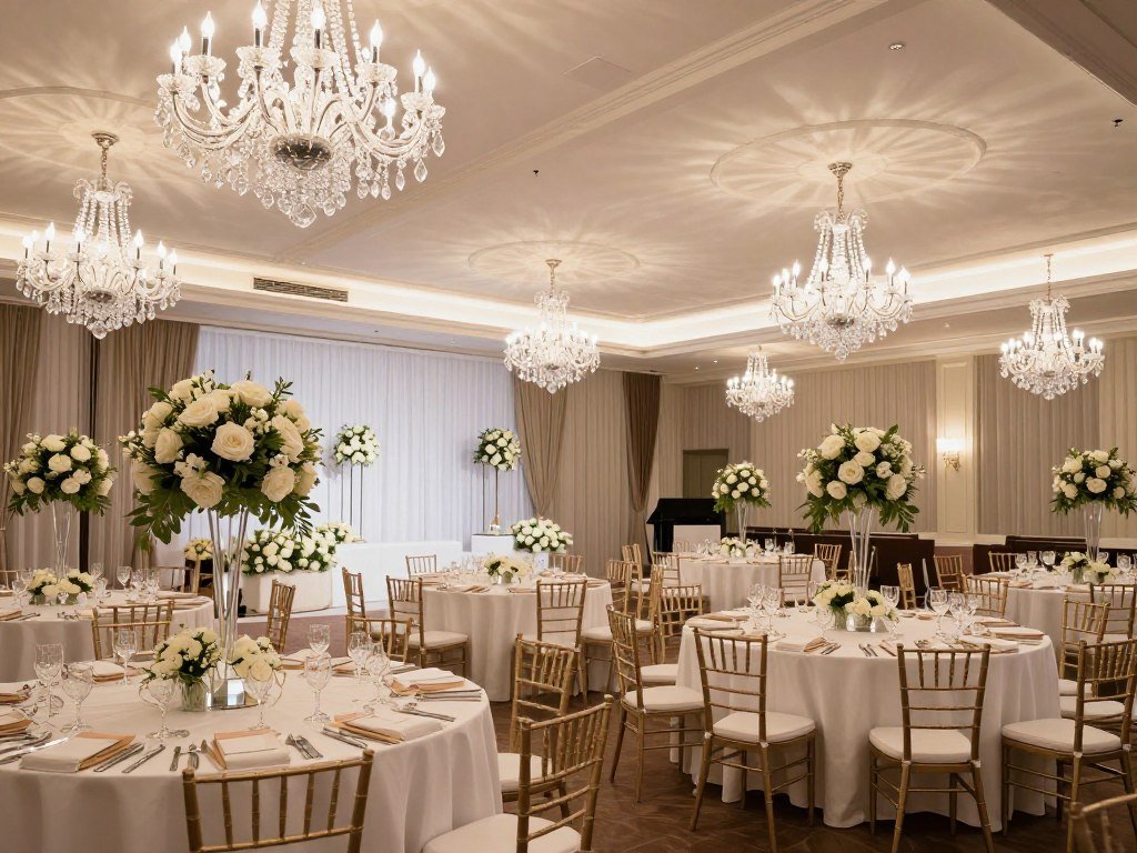 Formal wedding venue setting with elegantly dressed guests