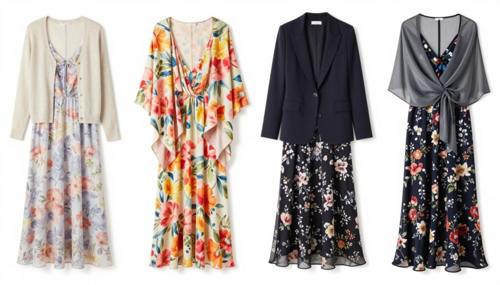 Four seasonal layering options shown with floral dresses for year-round wedding guest attire