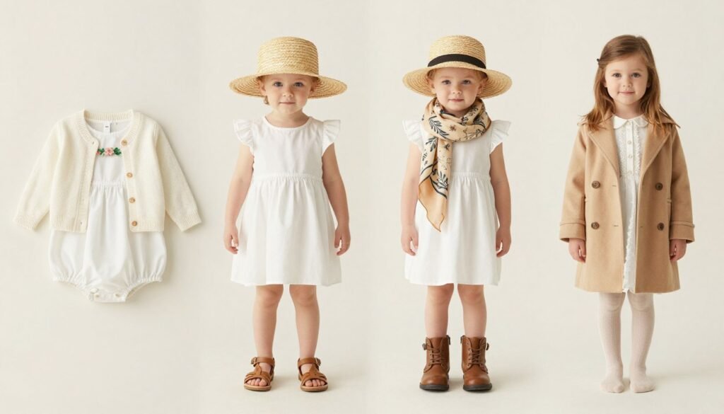 Four seasonal styling options for a white babydoll dress shown side by side