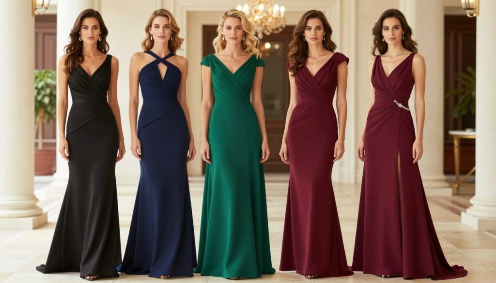 Four women in different classic floor-length gowns for black tie wedding