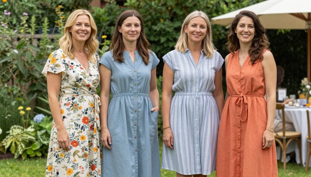 Four women wearing different styles of casual summer dresses at an outdoor gathering