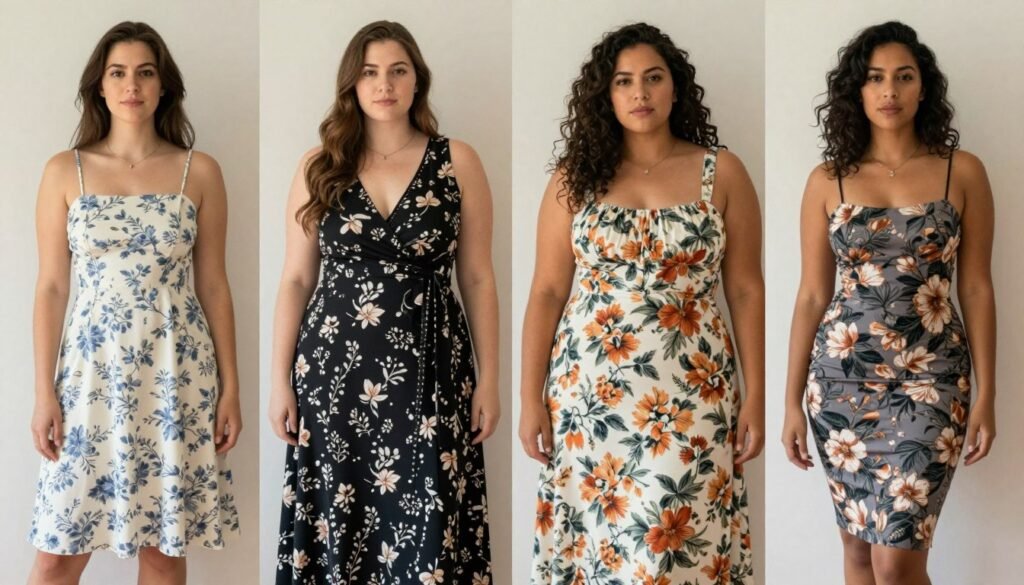 Four women with different body types wearing various floral dress silhouettes that flatter their figures