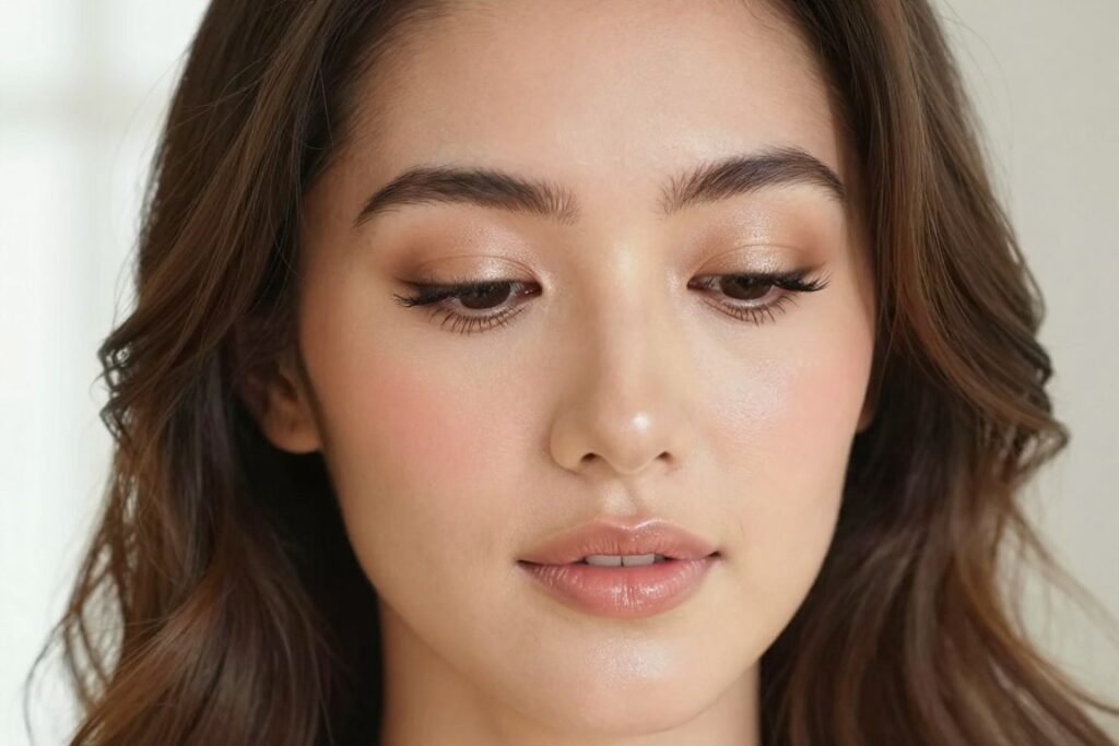 Fresh and natural wedding guest makeup with dewy skin