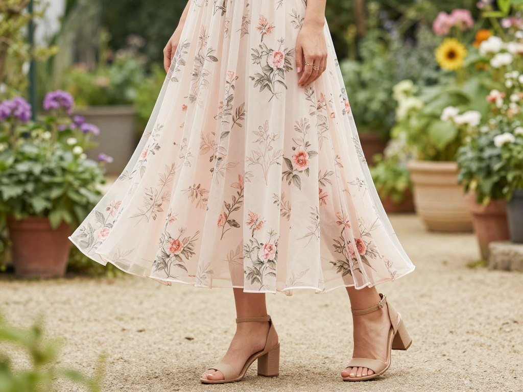 Garden wedding guest outfit with floral print dress