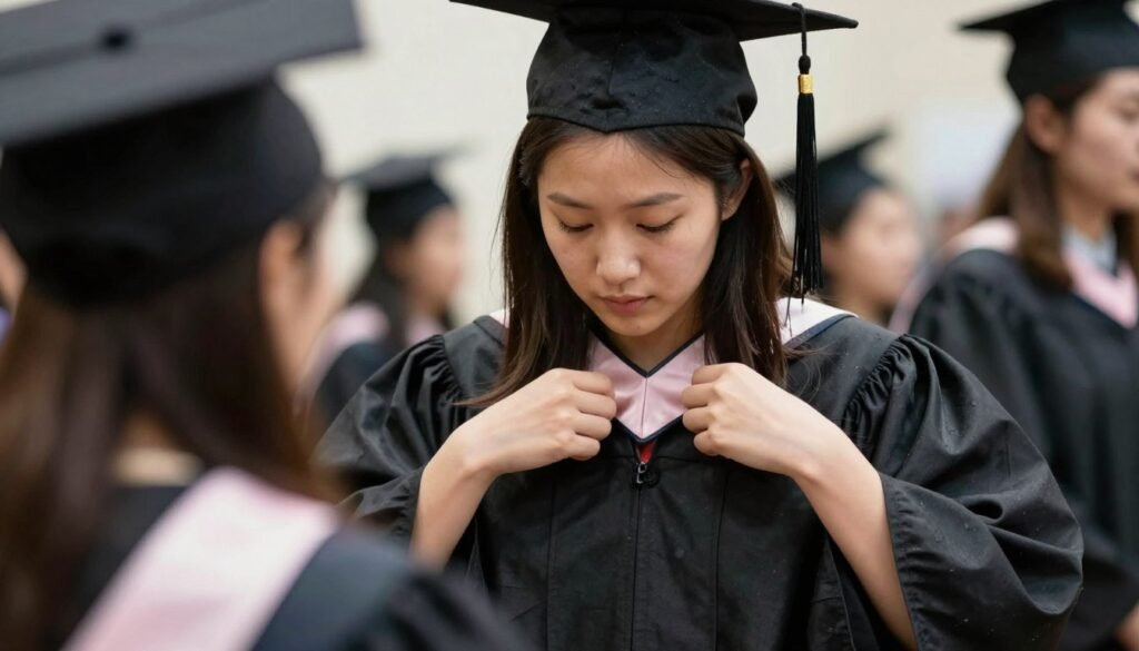 Graduate adjusting her dress under graduation gown