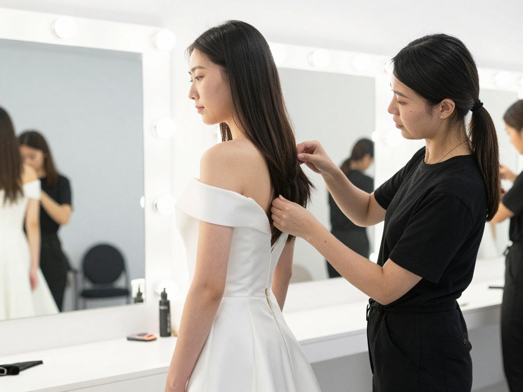 Graduate being fitted for white graduation dress
