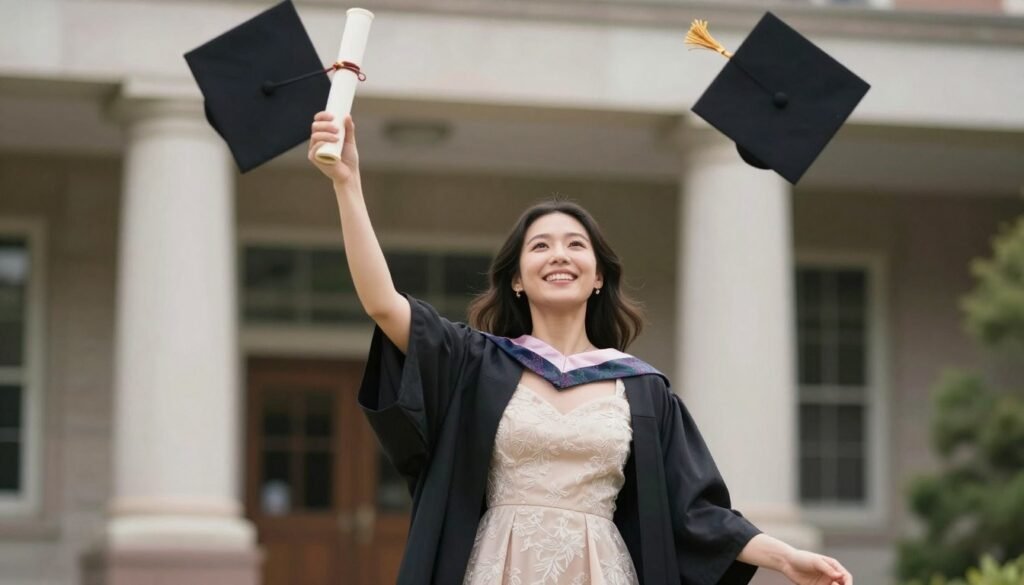 Graduate celebrating in a beautiful dress after ceremony