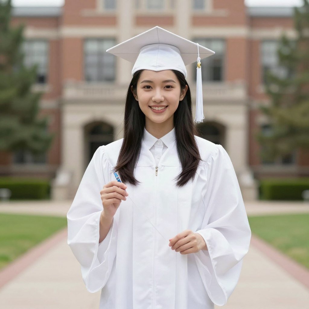 Graduate in a classic white graduation dress with cap and gown