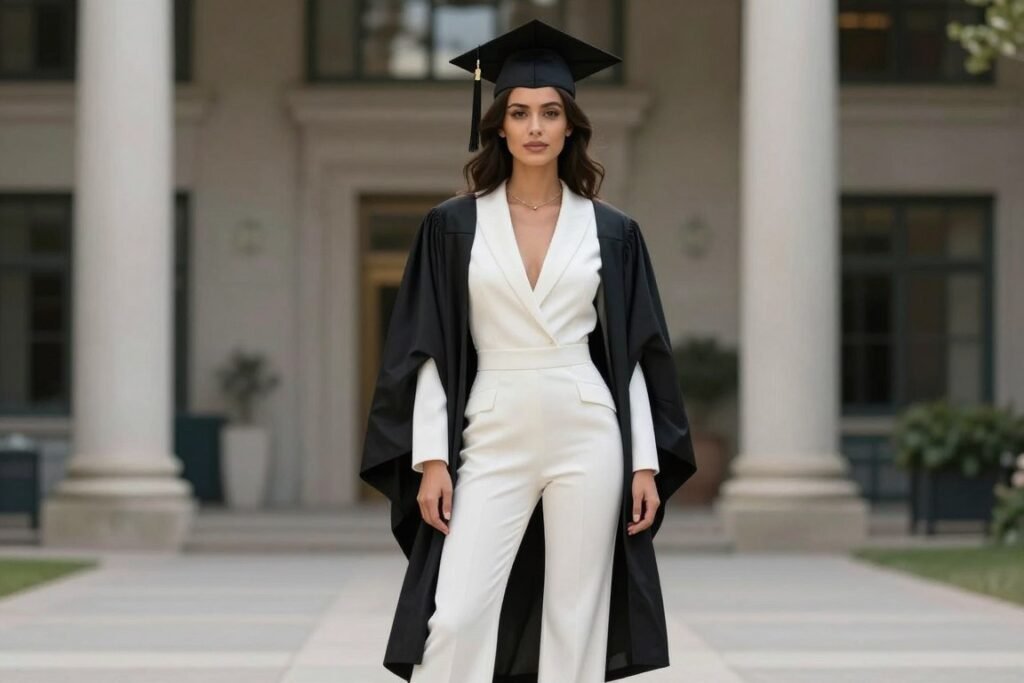 Graduate in an elegant jumpsuit alternative to traditional graduation dress