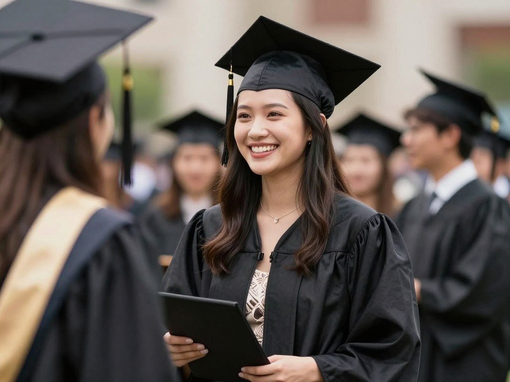 Graduate in cap and gown with stylish dress visible, celebrating with diploma