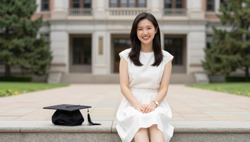 Graduate in white dress posing for professional graduation photos