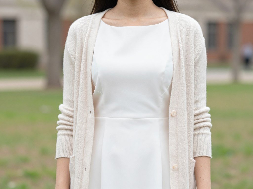 Graduate in white dress with light cardigan for cooler weather