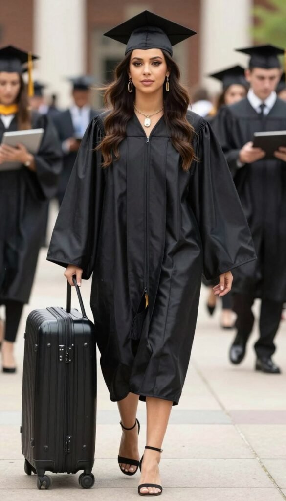 Graduate transitioning from ceremony to celebration with styling changes