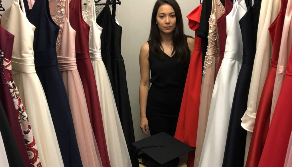 Graduate trying on different dress options