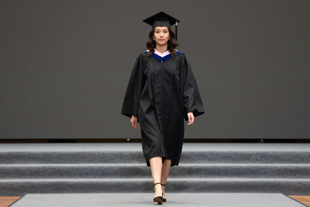 Graduate walking comfortably across stage in graduation dress