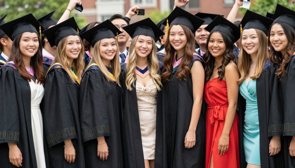 Graduates celebrating in stylish graduation dress outfits
