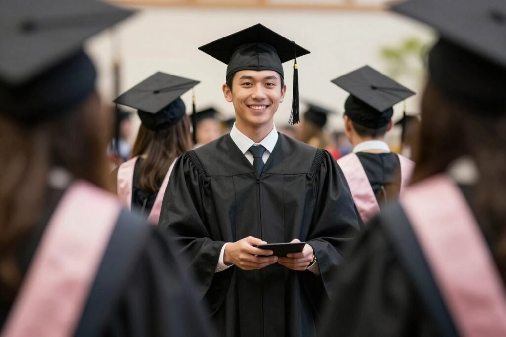 Graduates in dress-code compliant attire under gowns