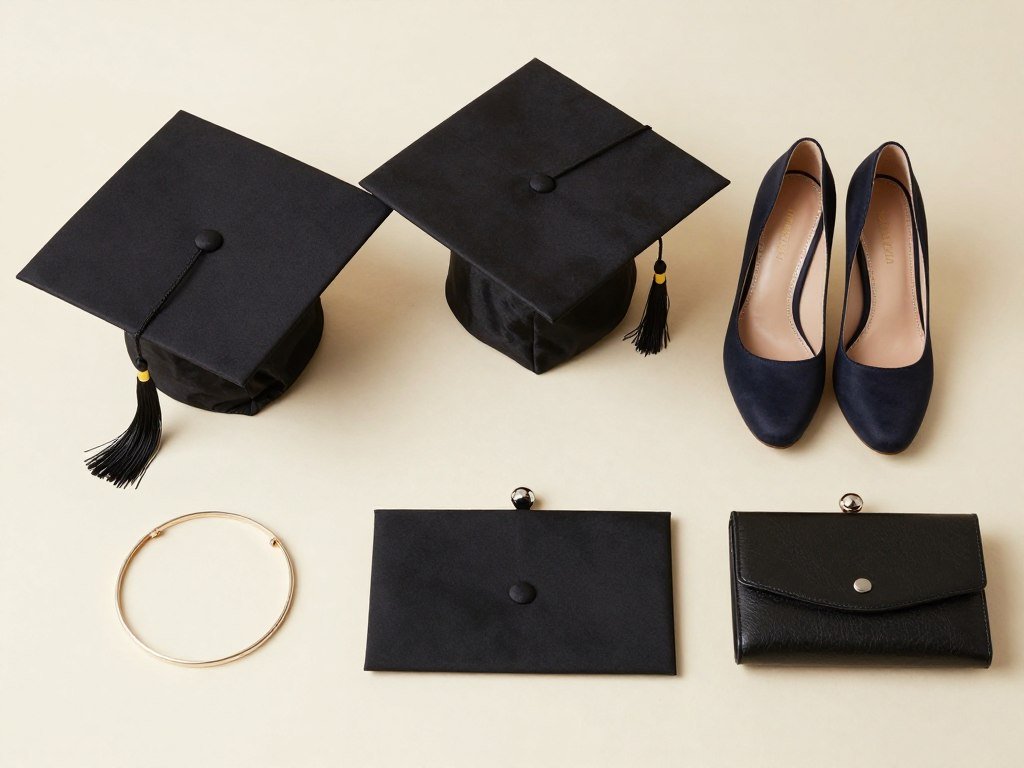 Graduation accessories including cap, shoes, and jewelry