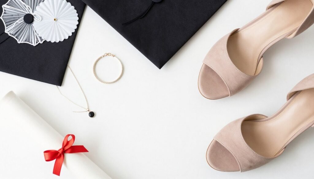 Graduation accessories including jewelry, shoes, and cap decorations