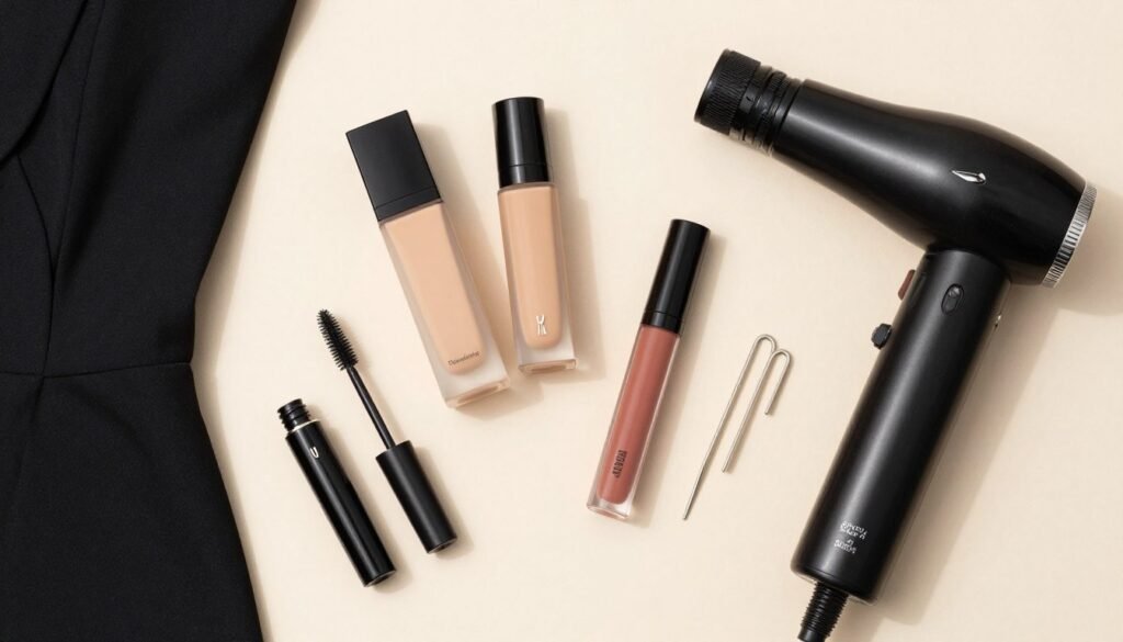 Graduation day makeup and beauty essentials displayed alongside a black graduation dress