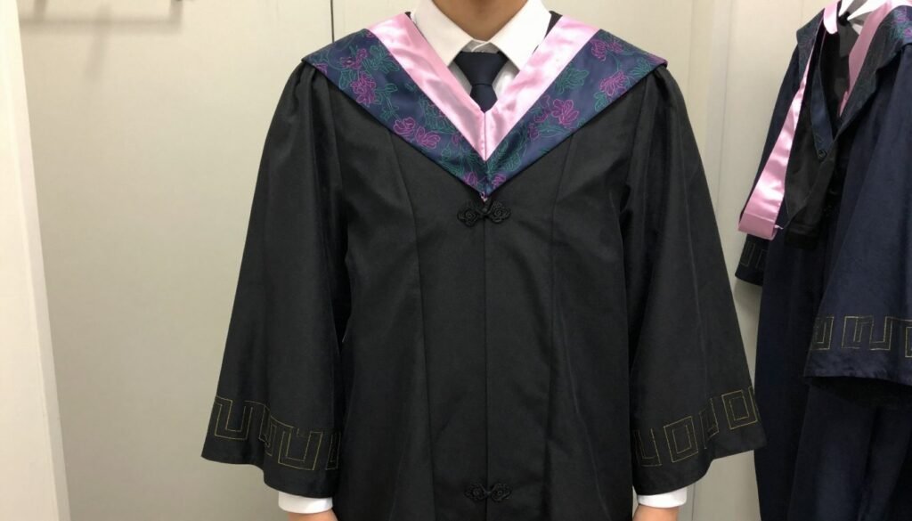 Graduation dress outfit being tried on with graduation gown