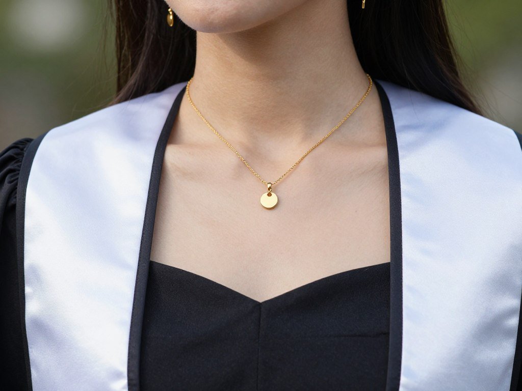 Graduation outfit with delicate gold jewelry including simple necklace and earrings
