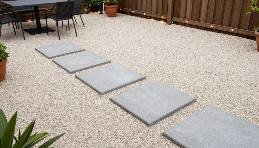 Gravel and concrete stepping stone patio floor on a budget