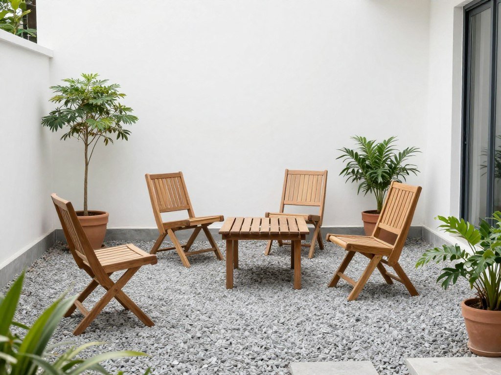 Gravel patio with wooden furniture and potted plants on a budget