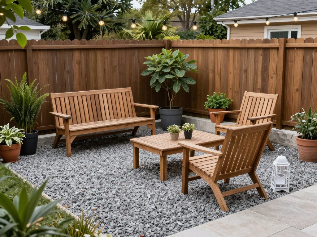 Gravel patio with wooden furniture and string lights creating a cozy backyard atmosphere on a budget