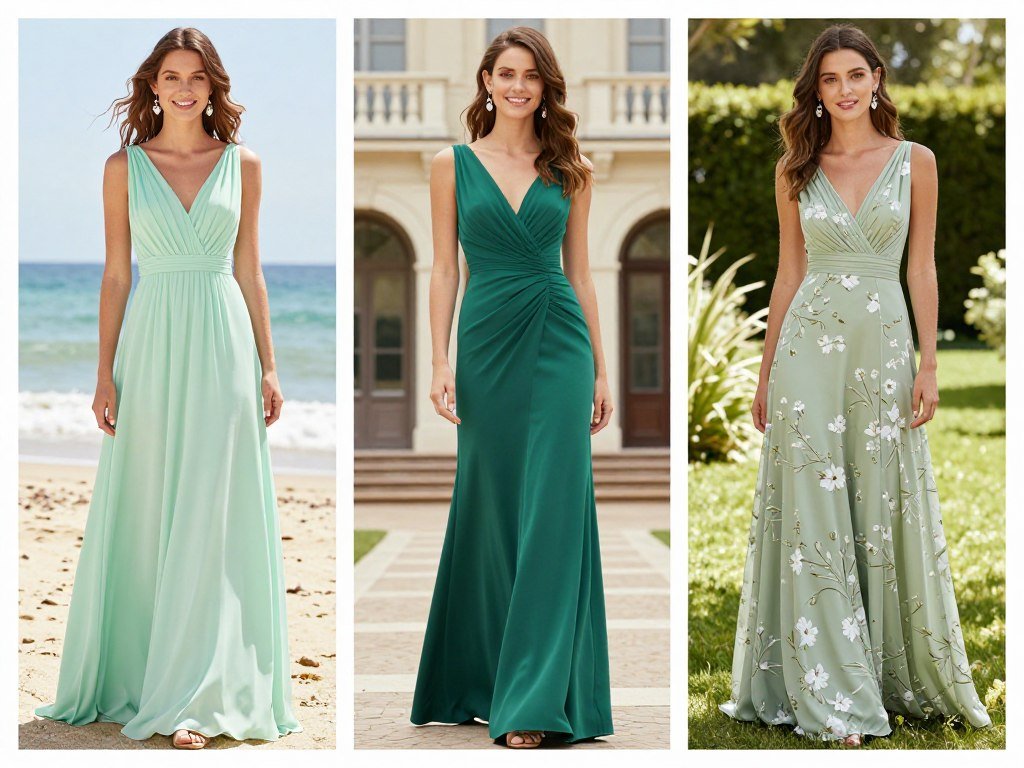 Green dresses styled for different wedding venues