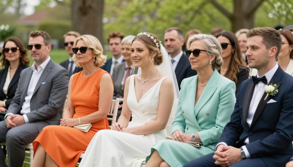 Group of stylishly dressed wedding guests at spring celebration Group of stylishly dressed wedding guests at spring celebration