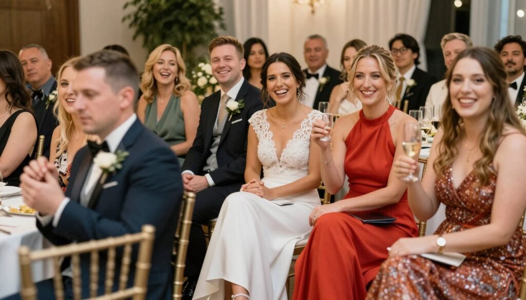 Group of stylishly dressed wedding guests enjoying a celebration