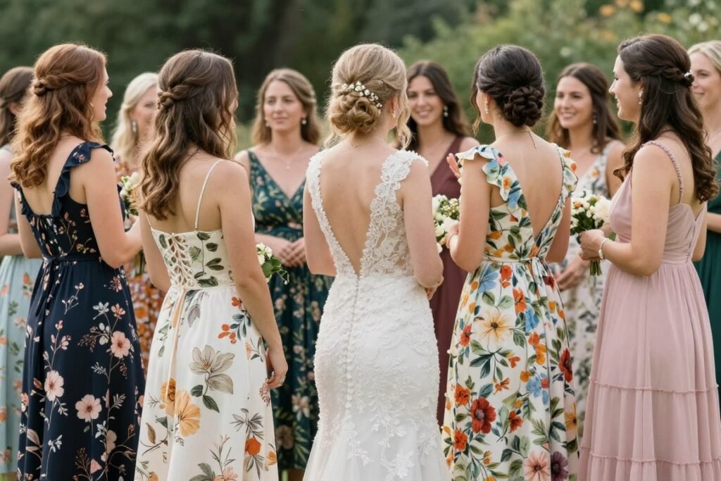 Group of wedding guests in coordinated but varied floral dresses appropriate for a celebration