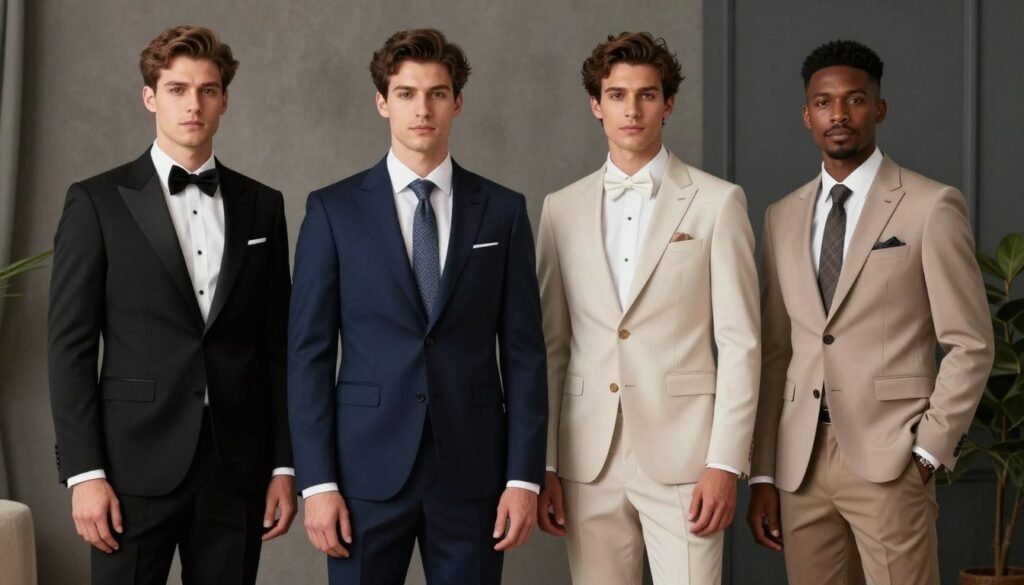 Group of well-dressed men in various wedding guest outfits for different occasions
