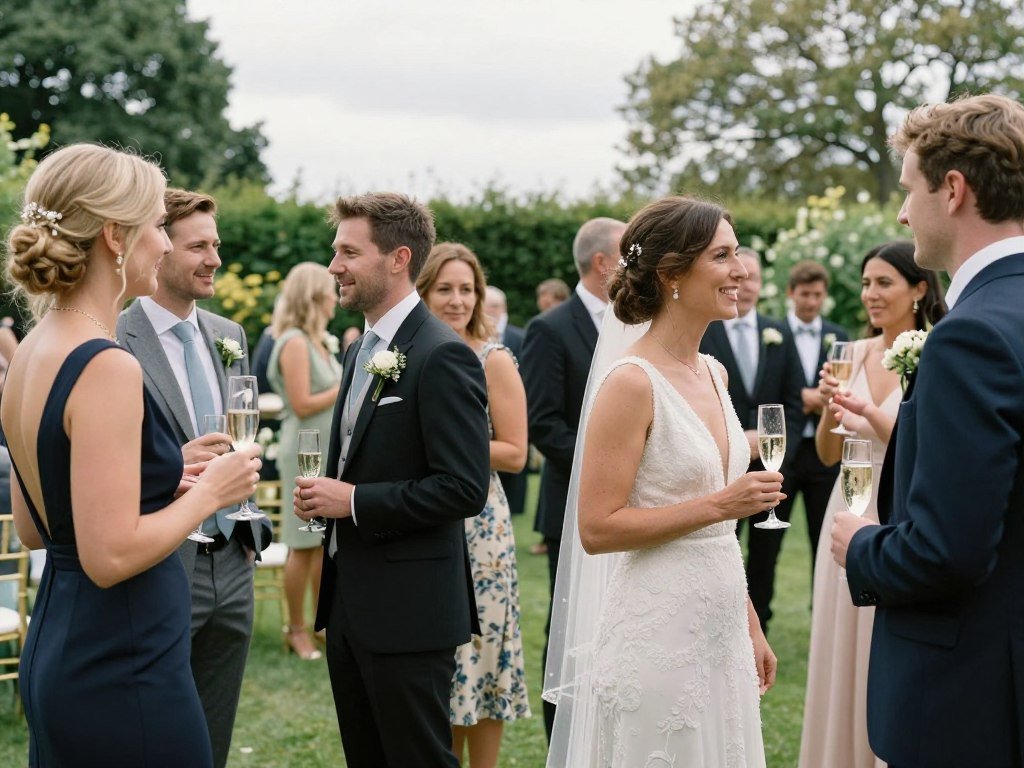 Guests elegantly dressed at a garden wedding following proper etiquette