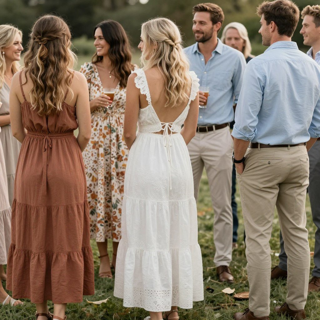 Guests in country casual attire at a daytime outdoor wedding with sundresses and casual button-downs