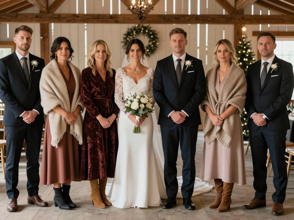 Guests in elegant winter attire with layers at a country barn wedding