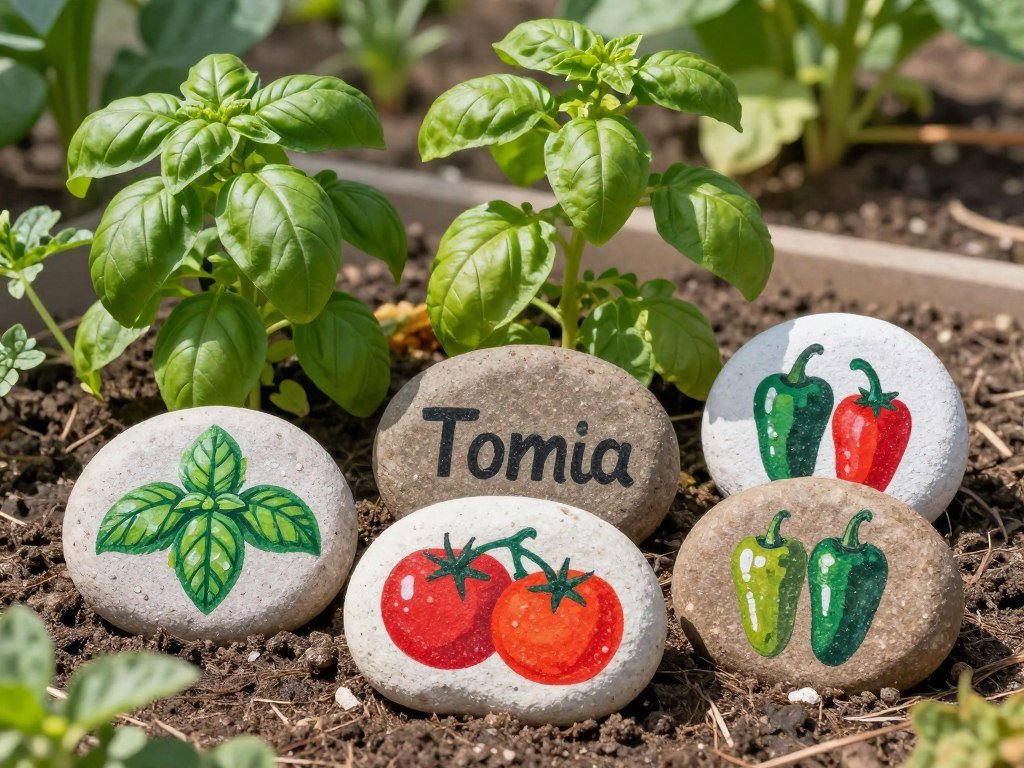 Hand-painted rock garden markers identifying herbs and vegetables, easy backyard ideas on a budget