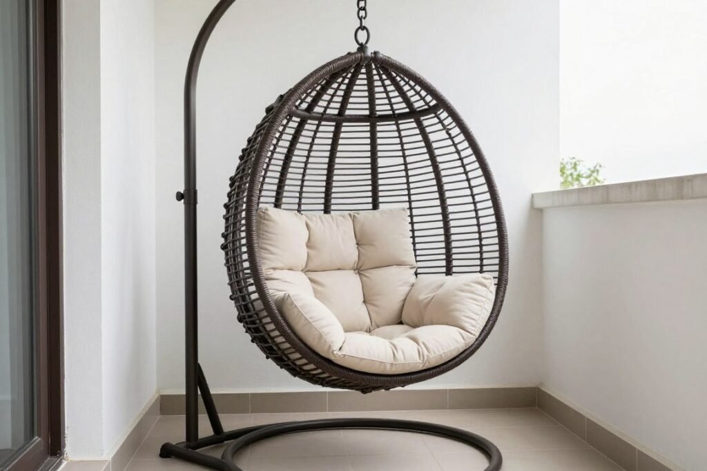 Hanging egg chair on a balcony with support stand