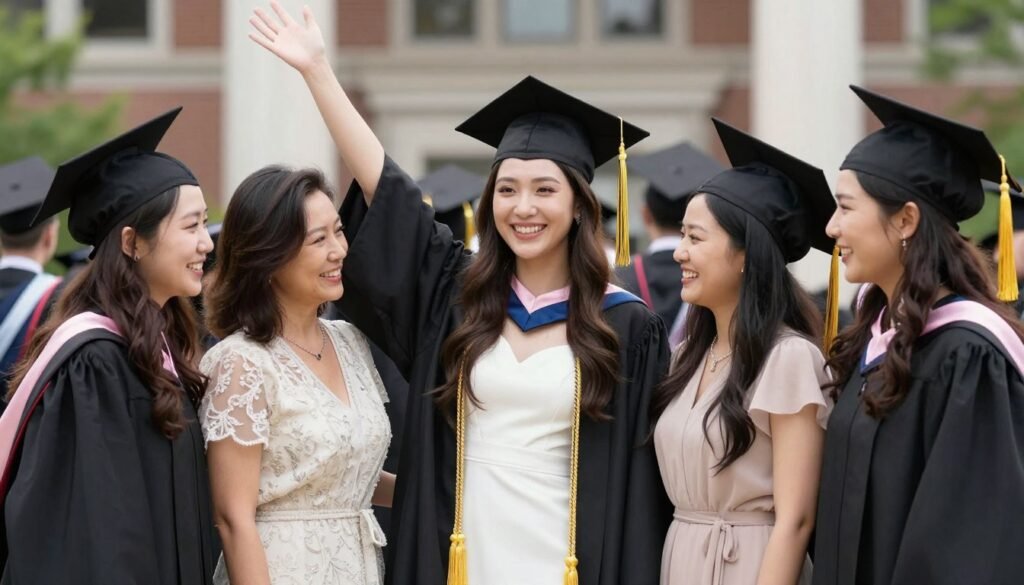 Happy graduate celebrating in her perfect graduation dress
