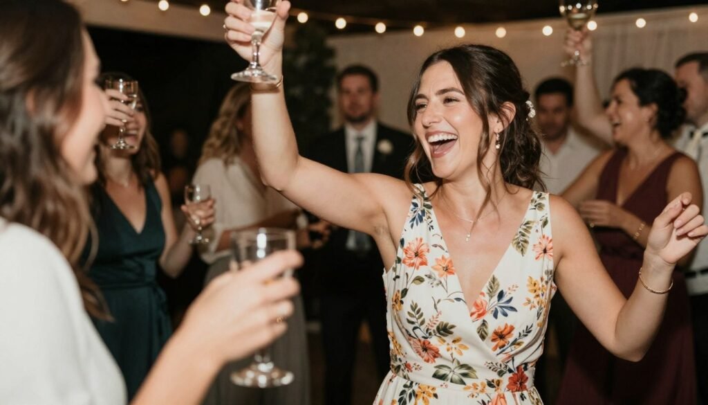 Happy woman in a beautiful floral dress enjoying herself at a wedding celebration