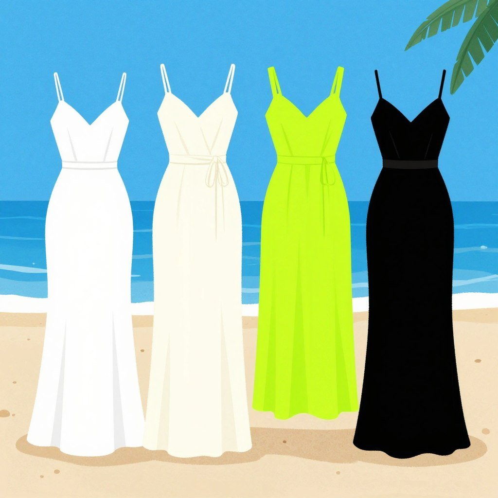 Illustration showing colors to avoid for beach wedding guest attire