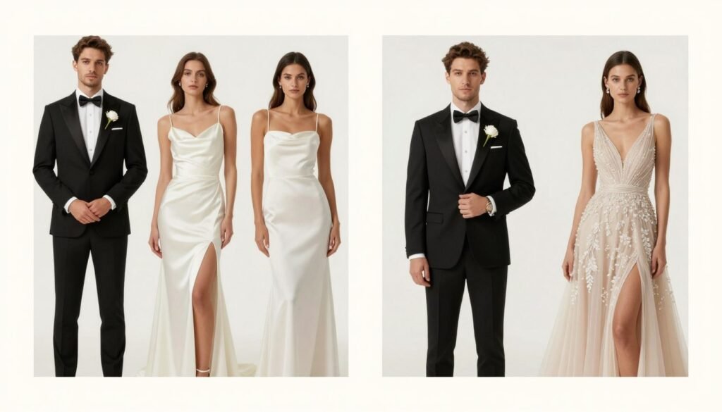 Illustration showing wedding guest dress dos and don'ts in an elegant format